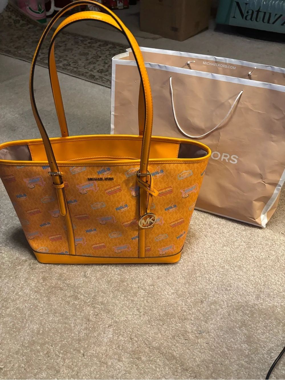 Michael Kors Yellow Signature Tote with MK Charm and Multicolor Accents